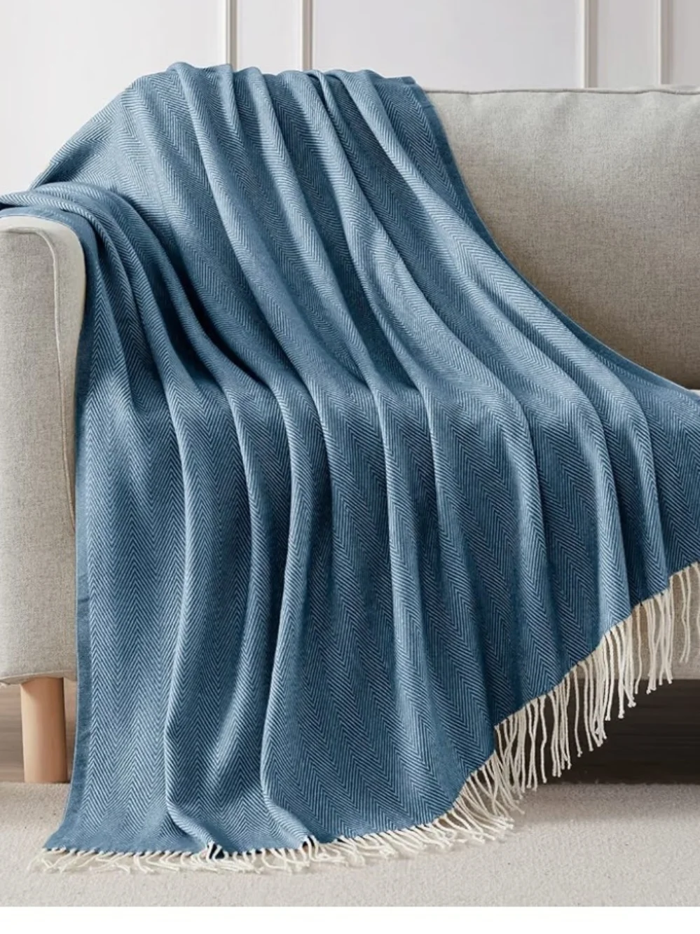 Navy Blue Herringbone Lightweight Sift Fringe Throw Blanket 50 X 60